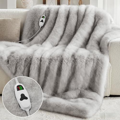 Heated Electric Blanket Throw,Octrot 50"X60" Faux Fur Heating Blanket Luxury Christmas Gifts Heavy Plush with 10 Heats Levels & 8 Hours Auto Off,Super Cozy Warm Fuzzy,Fluffy Decor Winter Warming,White 9