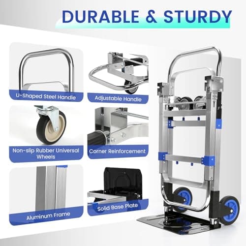 Upgraded 3 in 1 Aluminum Folding Hand Truck, 600 lbs Convertible Heavy Duty Dolly Cart, Collapsible Hand Trucks with 4 Rubber Wheels and Retractable Handle for Home, Warehouse, Supermarket(Blue) 5