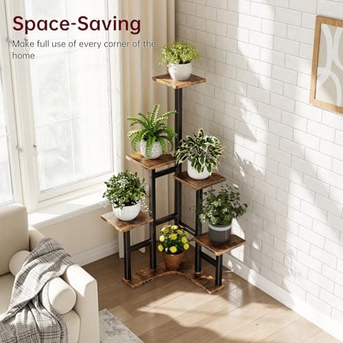 Yzosvki Corner Plant Stand Indoor, 6 Tiered Corner Plant Shelf Flower Stand for Multiple Plants, Plant Shelves Organizer Rack for Living Room, Balcony, Patio, Garden, Square Rustic Brown 5