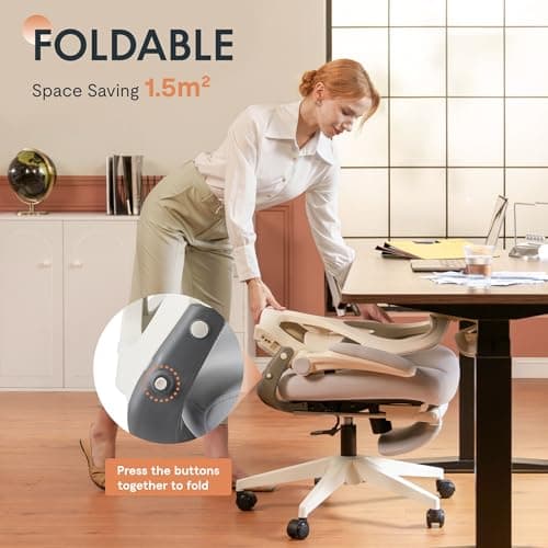 FLEXISPOT Foldex Ergonomic Office Chair, Folding Chair for Small Spaces with Lumbar Support, Flip-up Armrests, 3D Headrest, Desk Chairs with Footrest for Work,Video Game (Foam Seat, Cream) 6