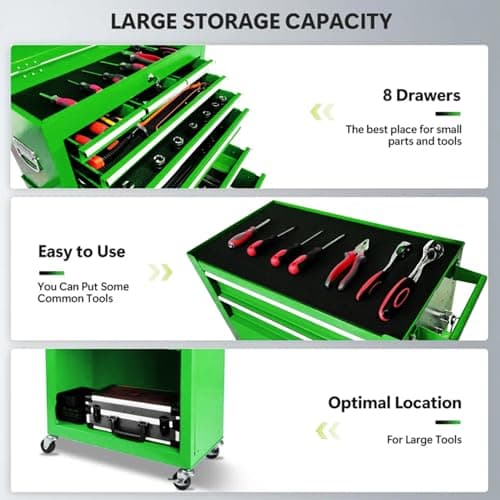 Dawmilon Tool Chest, 8-Drawer Rolling Tool Storage Cabinet with Wheels, Detachable Top Tool Box, and Locking Mechanism, Metal Barber Tool Cart with Liner and 6 Hooks for Garage, Workshop, Green 7
