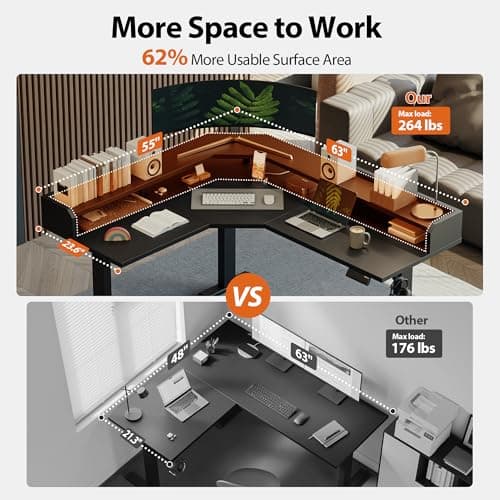 Agilestic L Shaped Standing Desk, Adjustable Height Corner Gaming Desk with Shelf, Sit Stand Up Desk, 63 x 55 Inch Home Office Computer Table, Black 7