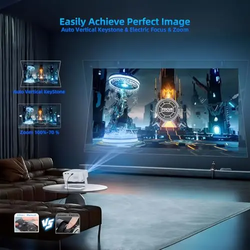 Projector with WiFi and Bluetooth, Mini-Projector: [360°Adjustable-Stand & Electric Focus & Auto Keystone], Lisowod L02 500 ANSI Portable Native 1080P Outdoor Movie Projector for Phone/TV Sticks 5