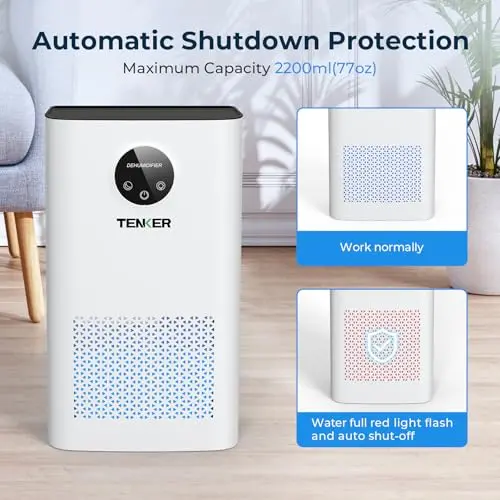 TENKER Dehumidifier for Home, 77 OZ Water Tank (1000 sq.ft) Dehumidifiers, Quiet Dehumidifier with Sleep Mode, Auto Shut Off, 7-Color LED Light for Closet Bedroom Bathroom Basement RV, White 7