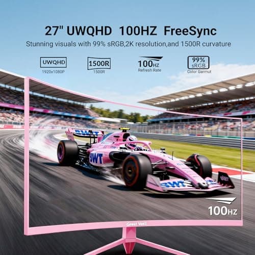 Great voell 27-Inch Curved Gaming Monitor - 100Hz, FHD (1920x1080), 1ms Response, 1500R VA Panel, AMD FreeSync, Low Blue Light & Flicker-Free, Eye Care, HDMI/DP, VESA 75x75mm - Pink 2