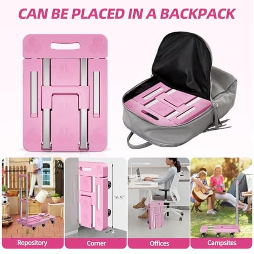 Folding Hand Truck, Foldable Cart for 500 lbs Heavy Luggage, Hand Truck Dolly, 6-Wheel Foldable Dolly with 2 Ropes, Ideal for Home, Office, and Travel Moving (Pink) 5