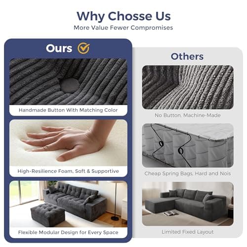 MAXYOYO L-Shaped Sectional Sofa with Convertible Left/Right Ottoman, Cloud Boneless Modular Couch, Layered Cushion & Tufted Upholstered, 4-in-1 Flexible Combination, No Assembly, Dark Grey 8