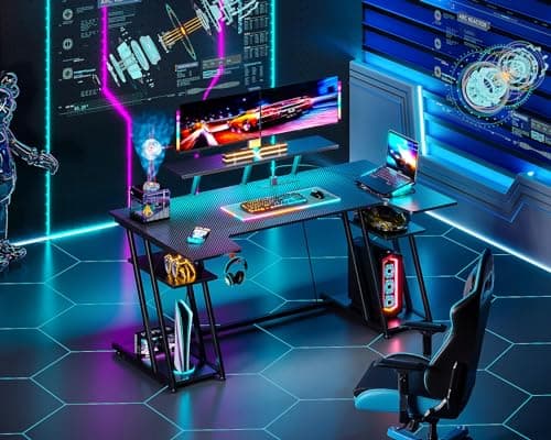 MOTPK U Shaped Gaming Desk with LED Lights, 60 Inch PC Desk with Storage Shelves, Monitor Stand & Headphone Hook, Carbon Fiber Texture, Black 7