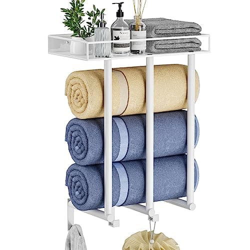 Ovicar Towel Racks for Bathroom - Wall Mounted Towel Rack with Metal Shelf & 3 Hooks, 3 Bars Wall Towel Holder for Small Bathroom, Bath Towel Storage for Rolled Towels Organizer (White)
