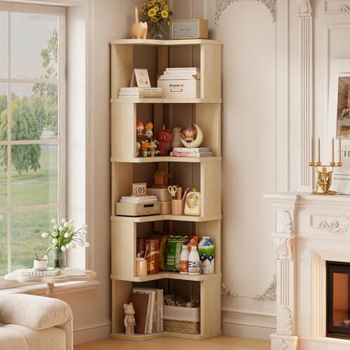 ALKSDNQ Tall Corner Bookshelf, 6 Tier Corner Book Shelf Etagere Bookcase with Baffle, Freestanding L Shaped Display Shelf Stand for Home Office, Living Room, Bedroom, Brown