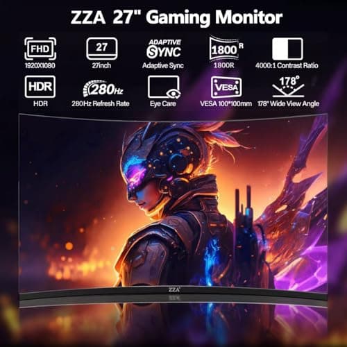 ZZA Monitor 27 inch 280Hz|240Hz,Monitor Gaming FHD 1080P, 1800R VA Screen, Curve Computer Monitor 100% sRGB, 4000:1 Contrast, HDR, FreeSync,1Ms, Low Blue Light, HDMI DP Ports, DP Cable Incl 2
