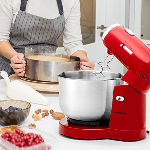 OVENTE Electric Stand Mixer with 3.5 Quarts Stainless Steel Mixing Bowl, 5 Speed Portable and Lightweight 250W Kitchen Mixer for Everyday Use, Includes 2 Egg Beater Whisk and Dough Hook, Red SM680R 6