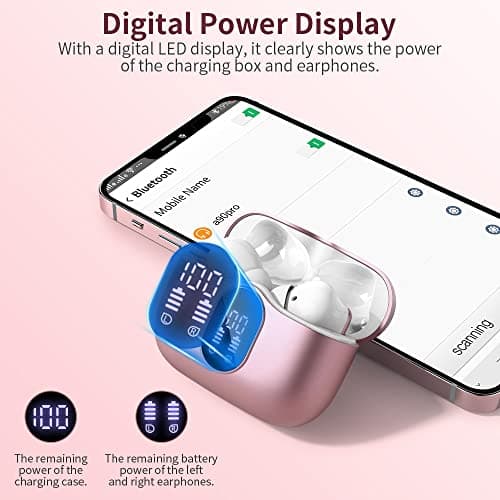 Wireless Earbuds Bluetooth 5.3 Headphones Bass Stereo Ear Buds with Noise Cancelling Mic LED Display in Ear Earphones IP7 Waterproof 36H Playtime for Laptop Pad Phones Sports Workout Pink Gold 6