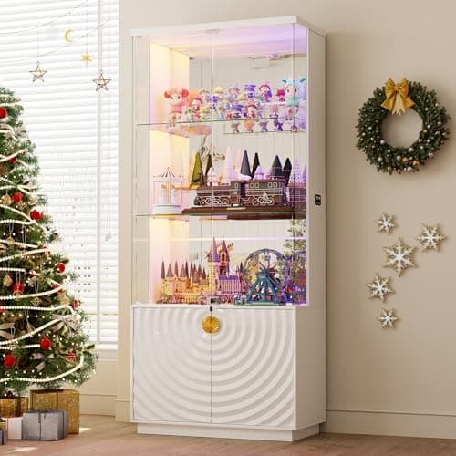 Lvifur 71'' Display Cabinet with Glass Doors,4-Tier Curio Cabinet with 3-Color Lights for Collectibles,Lockable Glass Display Case Human Body Sensor,Tall Bookcase w/Shelves&Drawers,White