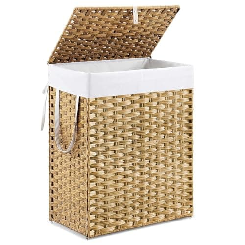 DUMOS Woven Laundry Basket with Lid, 90L Large Capacity Hamper, Removable & Machine-Washable Liner, Foldable Rattan Clothes Hamper, Sturdy Steel Frame, Odor Control, Goose Yellow