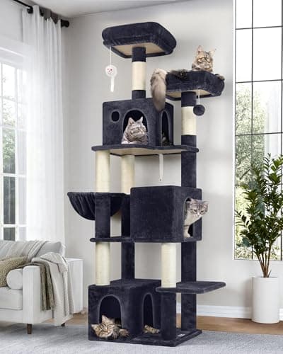 Globlazer Cat Tree Tall, 71 inches Cat Tower for Indoor Adult Cats Multi-Level 3 Condos for Indoor Cats XL Cat Tree Tower with Scratching Posts, Soft Extra Large Hanging Basket, F71, Dark Gray