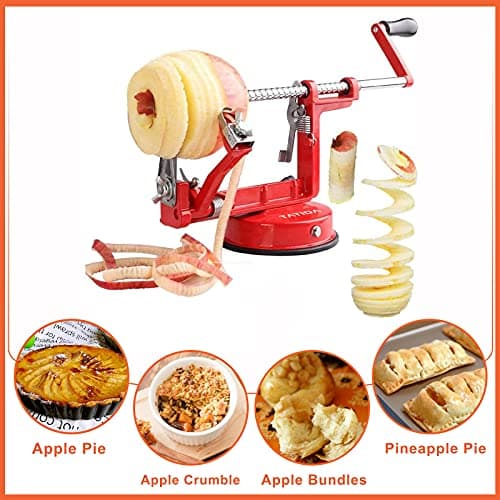 Apple Peeler Corer, Long lasting Chrome Cast Magnesium Alloy Apple Peeler Slicer Corer with Stainless Steel Blades and Powerful Suction Base for Apples and Potatoes(Red) 6