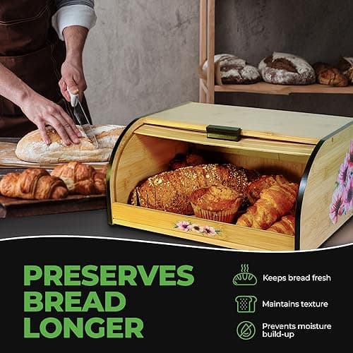 Luv UR Kitchen - Roll top Bread Box for Kitchen Countertop - All-Natural Bamboo Bread Box with Beautiful Flower Design - Ideal Breadbox for Kitchen Countertop Storage 5