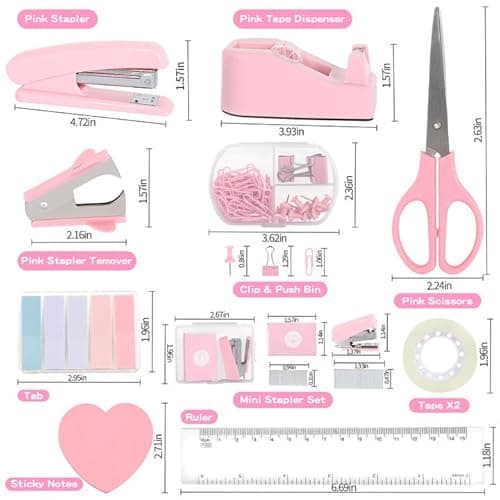 Office Desk Accessories, Pink Office Supplies Set Desk Accessories for Women, Cute Office Supplies with Stapler, Mini Stapler, Staple Remover, Tape, Clips, Scissor and Tabs, Stationary Set for Student 5