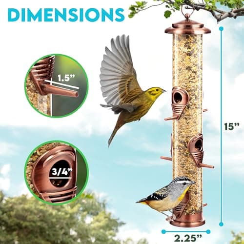 Bird Feeder for Outdoors (Brushed Metal Copper) Hanging Bird Feeders with Locking Lid & Adjustable Hanger, Chew-Proof, Weather Resistant (15 Inches, 6 Port) 6