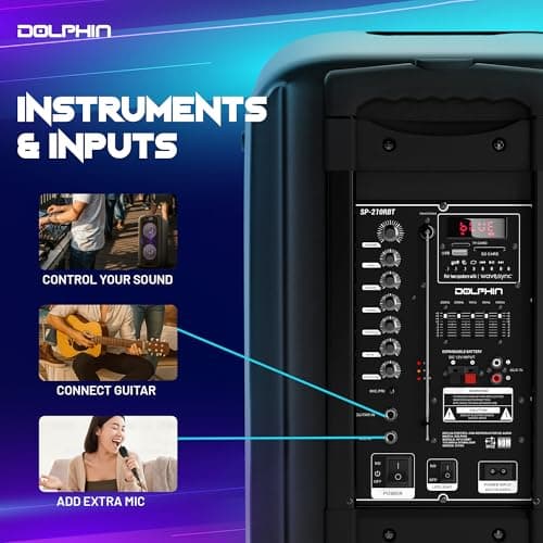 Dolphin Dual 10" Bluetooth Party Speaker - 1000W Big Speaker with 2 Wireless Microphones, Powerful Bass, Multicolor LED Lights, Tailgate Ready, Portable with Wheels & Handle, Long-Lasting Battery 5