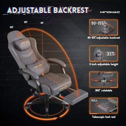 MINOMAC Gaming Chair,Ergonomic Computer Gaming Chair,400lb Load-Bearing,Retractable Footrest/Waist Support/Ergonomic Backrest[Spring + 4D Sponge] (Grey) 6
