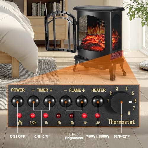 24" Electric Fireplace Heater - Freestanding Fire Places Electric Fireplace Stove with Realistic LED 3D Flames and Logs, Infrared Heater Indoor with Remote Contro, Timer, 750 | 1500W 6