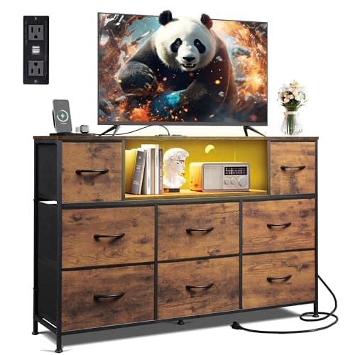 WLIVE Dresser TV Stand for 45, 50, 55 inch TV, Entertainment Center with LED Lights & Charging Station, Chest of Drawers with 8 Fabric Drawers and Open Shelves for Living Room, Hallway, Rustic Brown