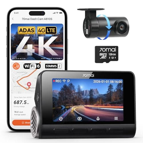 70mai A810S 4K Dual Dash Cam Front & Rear, STARVIS 2 HDR Super Night Vision, AI Motion Detection & 24/7 Parking, Built-in GPS, Wi-Fi & Optional 4G Remote Viewing, ADAS, Loop Recording, Time-Lapse