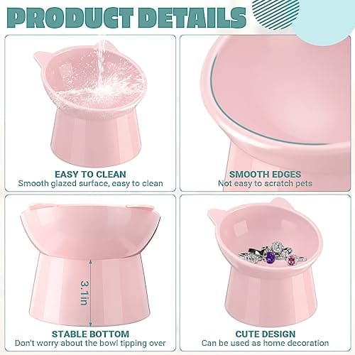 Zhehao 2 Pieces Plastic Raised Bowl Tilted 15 Degrees Elevated Cat Food and Water Bowls Set Anti Vomit Dog Kitten Food Dishes Pet for Cats and Small Dogs(Cat Ears,Light Green, Red) 5