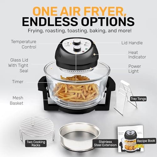 Granitestone 16Qt Large Glass Air Fryer Non Toxic – Family Sized Airfyrer Cooker with 3 Cooking Sections, Stainless Steel Racks, for French Fries, Chicken, No Preheat, Self Cleaning, Dishwasher Safe 8
