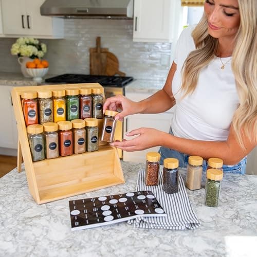 Extra Sturdy 3-Tier Bamboo Spice Rack – 12" W x 10" D x 13" H – Foldable Non-Slip Wooden Spice Organizer for Countertop and Cabinet – Includes Labels, Funnel & Hooks – Spice Jars NOT Included 5