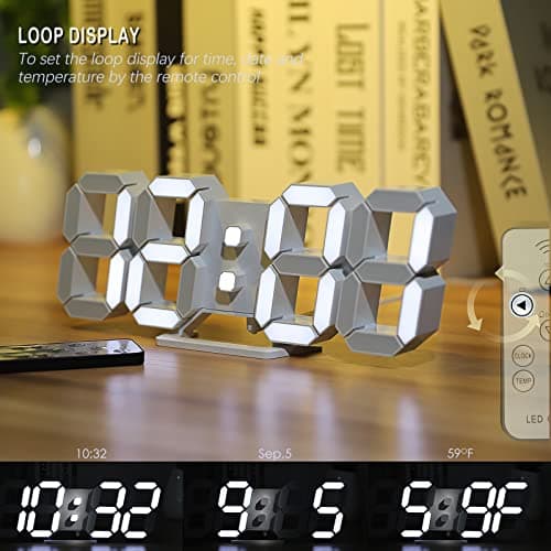 KOSUMOSU 3D LED Digital Wall Clock ,9.7", Large Display Table/ Desk Clock with Remote Control 12/24H Temperature (White Light) 3