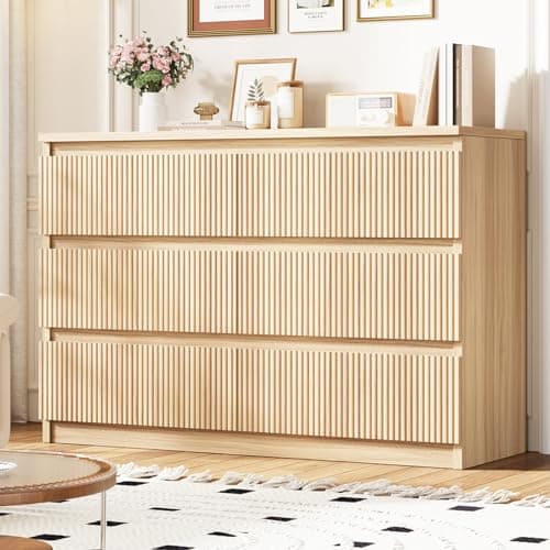 Jocoevol 6 Drawer Dresser for Bedroom, Boho Fluted Dresser with Deep Drawers, Large Double Natural Wood Chest of Drawers for Living Room, Hallway, Entryway (Natural Wood)