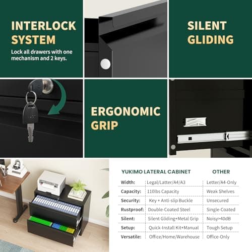 Yukimo 2 Drawer Lateral File Cabinet with Lock, 26.77“W File Cabinets for Home Office Legal/Letter A4 Size, File Cabinet Storage Cabinet,Require Assembly, Black 8