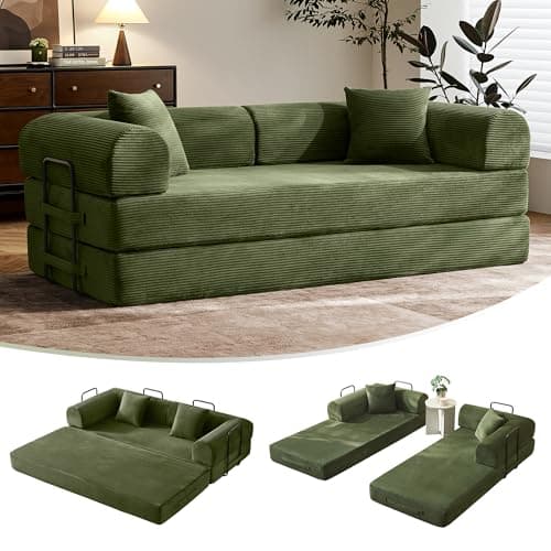 79" Convertible Sofa Bed with Fixed-Shape Frame & Removable Armrests, Modular Corduroy Sleeper Sofa, Folding Mattress Couch for Small Spaces - No Assembly Needed in Green (Includes 2 Pillows)