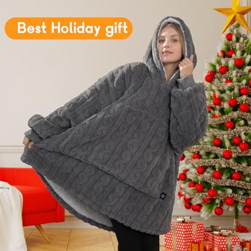 Dowin Heated Wearable Blanket Battery Powered, Come with 5000mAh Portable Rechargeable Charger, USB Fannel Sherpa Oversized Hoodie Sweatshirt, Machine Washable, Grey 6