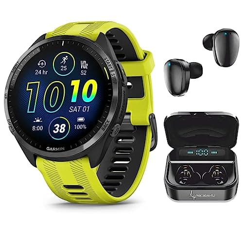 Wearable4U - Garmin Forerunner 965 Premium GPS Running and Triathlon 47 mm Smartwatch with AMOLED Touchscreen Display, Carbon Gray DLC Titanium Bezel and Yellow Silicone Band + Black Earbuds Bundle