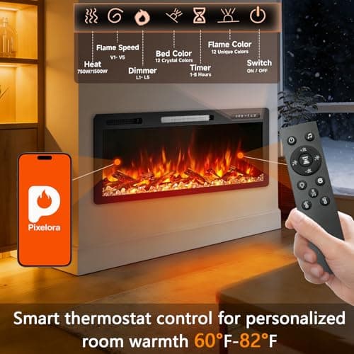 Pixelora Electric Fireplace Inserts Modernos - Wall Fireplace With App/Remote/Touch Control & Child Lock, 750w/1500w Heater 7 Flame Speed/Brightness, 12 Colors And 5 Realistic Fire Sound For Bedrooms 6