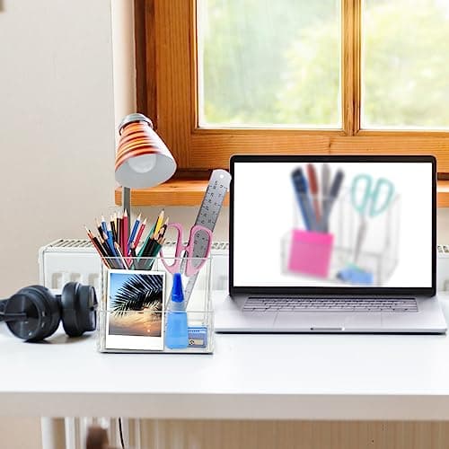Zbtezna Pen Holder, Clear Acrylic Makeup Brush Holder, Pencil Holder for Desk with Sticky Notes Holder and 3 Compartments, Pencil Organizer for Pen, Art Supply, Makeup Brush(Clear) 6