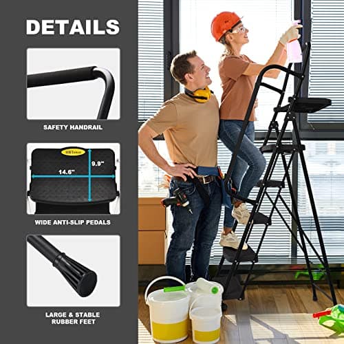 HBTower Step Ladder, Folding Step Stool with Wide Anti-Slip Pedal, Sturdy Steel Ladder, Convenient Handrail, Lightweight, Portable Steel Step Stool 5