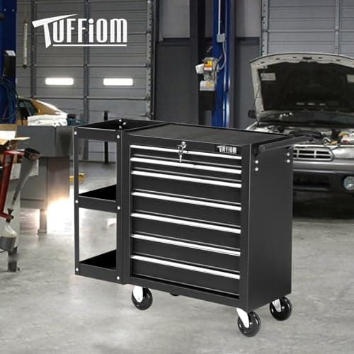 TUFFIOM 7-Drawer Rolling Tool Chest with Side Shelves, Tool Storage Side Cabinet w/Lockable Wheels, Top Cushion & Drawer Liners, Tool Organizer Box for Garage, Warehouse & Repair Shop 8