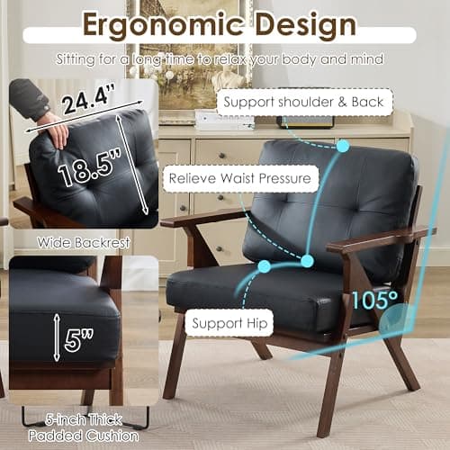 STHOUYN Black Leather Office Accent Chair Set of 2, Office Lounge Chair with Wooden Arms, Mid Century Modern Chair, Side Arm Chairs for Living Room, Comfy Guest Waiting Room Chairs (2, Black) 6
