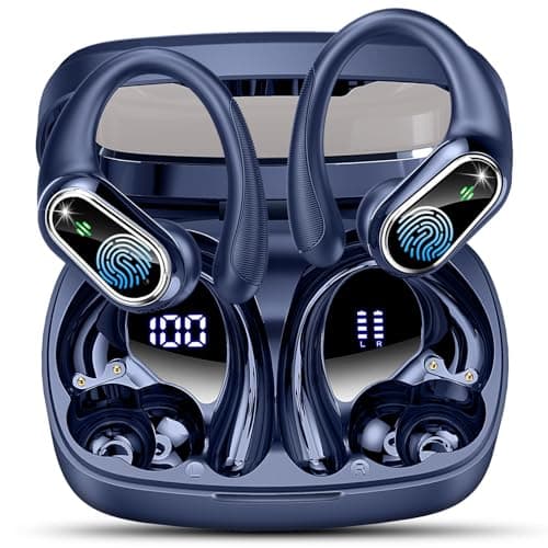 Wireless Earbuds Bluetooth Headphone Sport, 50Hrs Playtime Wireless Headphones with ENC Noise Canceling Mic, Over Ear Buds with Earhook Deep Bass, Digital Display, IP7 Waterproof for Running, Blue