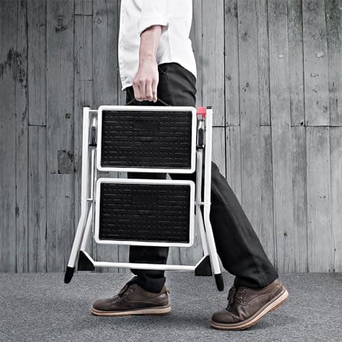 Delxo Portable Collapsible Lightweight Alloy Steel 2 Step Mini Stool Stepladder with Anti Slip Carry Hand Grip and Wide Pedal for Indoor Use, White 8