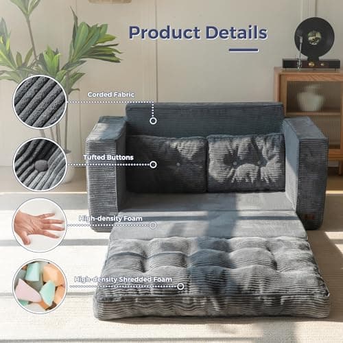 MAXYOYO Convertible Sofa Bed, Pull Out Loveseat Sleeper Sofa, 2 in 1 Folding Couch Bed, Fold Out Floor Couch with Pillows for Living Room Bedroom Lounge, Dark Grey 5