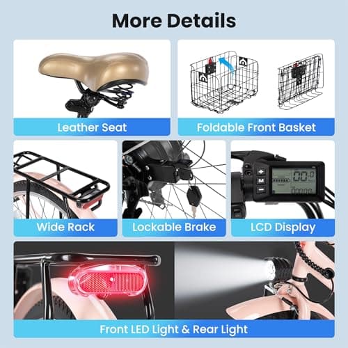 RegalRider Electric Bike for Adults, 1000W Peak 70Miles + 20MPH Step Thru Electric Bike, Commuter E-Bike with Removable Battery, Dual Brake(Lockable), Detachable Foldable Basket(TUV & UL2849), Pink 8