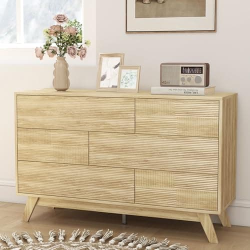 Hadulcet Fluted 6 Drawers Dresser for Bedroom, 47” Wide Handleless Chest of Drawers, Wooden Dresser TV Stand, Modern Minimalist Closet Clothes Storage Organizer for Hallway, Dining Room, Light Wood