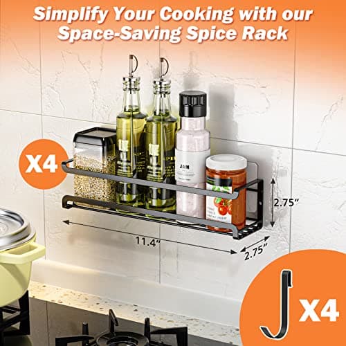 Bunoxea Spice Rack Wall Mounted 4 Pack,Space-Saving Spice Organizer for Spice Jars and Seasonings,Screw or Adhesive Hanging Spice Rack Organizer for Your Kitchen Cabinet,Pantry Door,11.41x2.75x2.75in 7