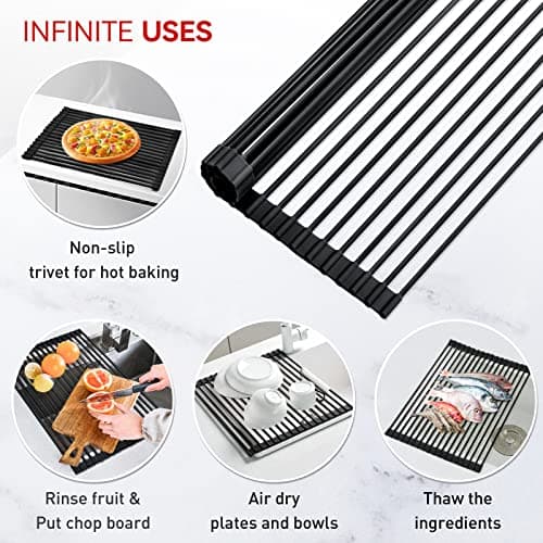 MERRYBOX Roll Up Dish Drying Rack Silicone Wrapped Over The Sink Dish Drying Rack Multipurpose Foldable Sink Drying Mat Anti-Slip & Anti-Rust Dish Rack for Kitchen, 17.5" x 13", Black 7